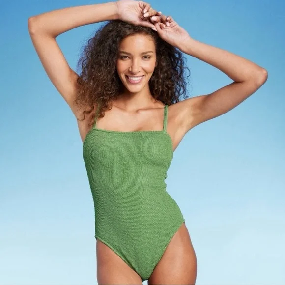 Shade & Shore - Women's Pucker Textured Medium Coverage One Piece Green M - Picture 1 of 9